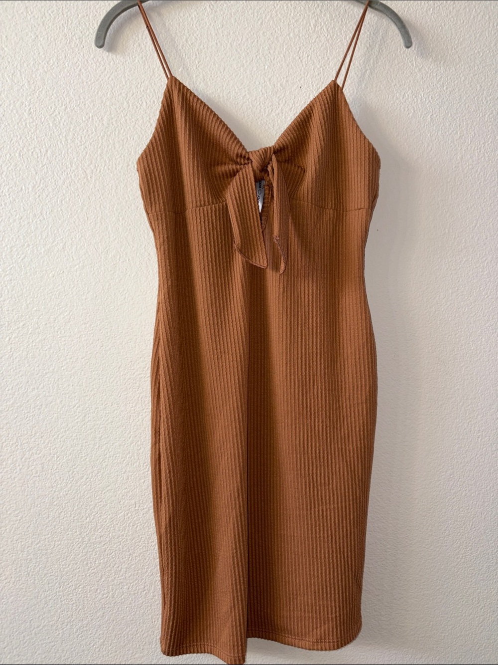 Tie-Front Ribbed Slip Dress in Brown